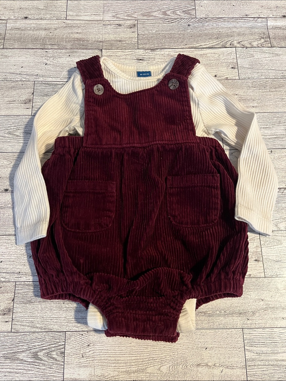 Old Navy Burgundy Corduroy Bubble Overalls and Cream Ribbed Bodysuit Size 6-12 M